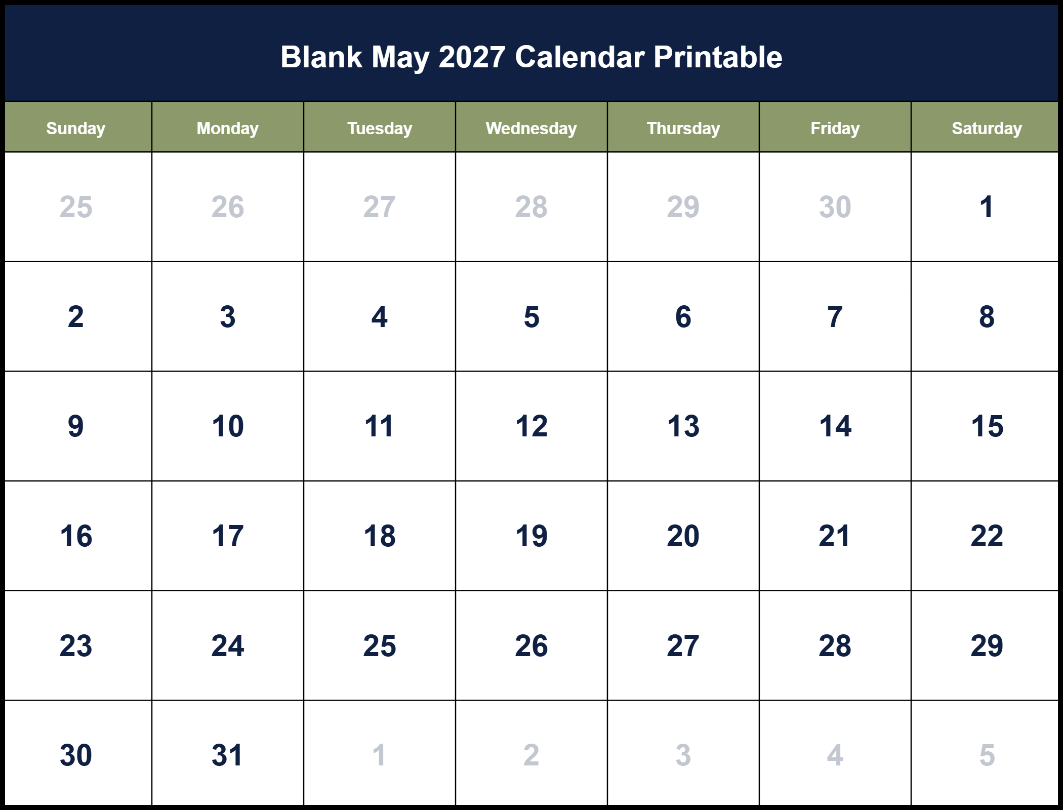 Blank May 2027 Calendar Printable Download