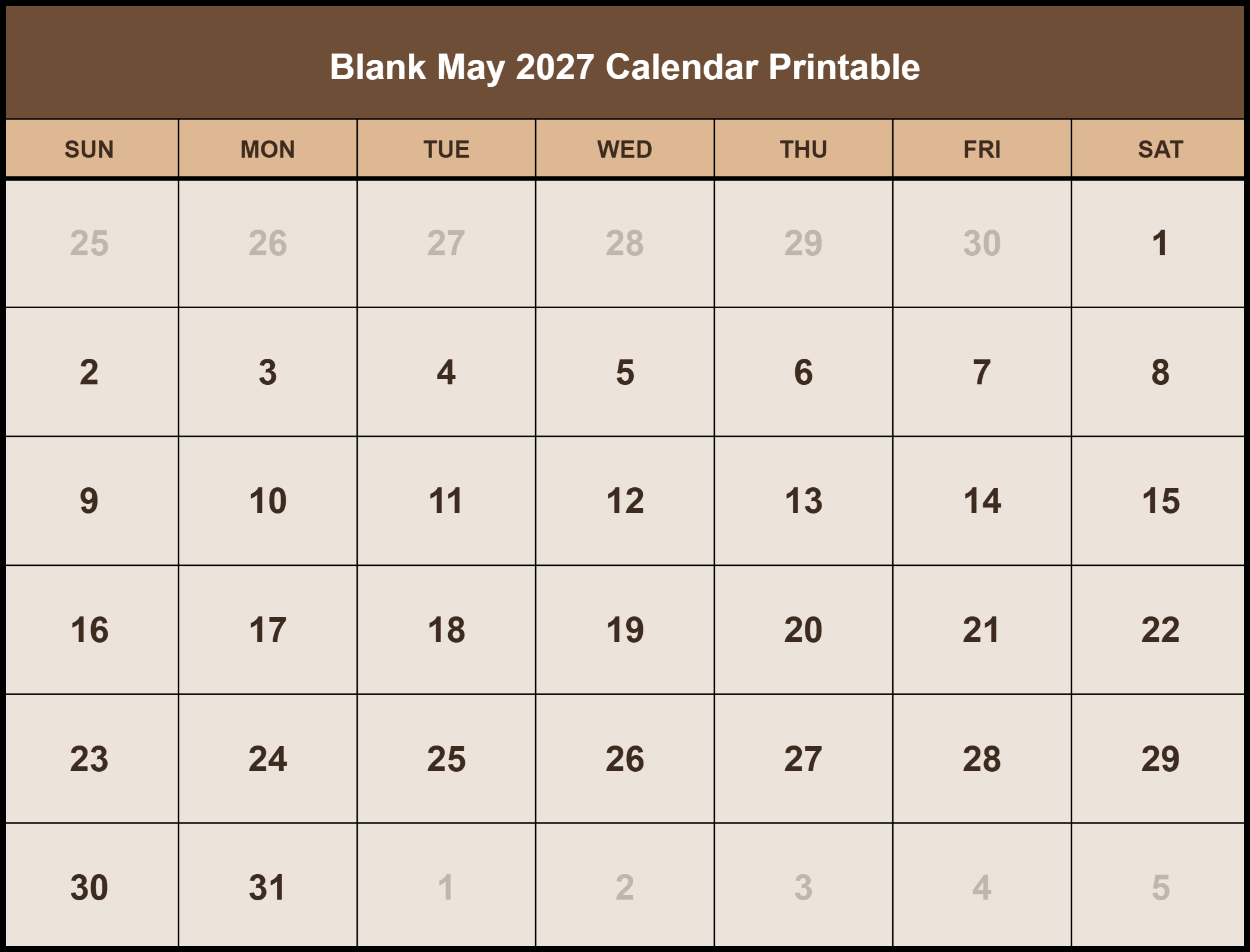 Blank May 2027 Calendar Printable Free