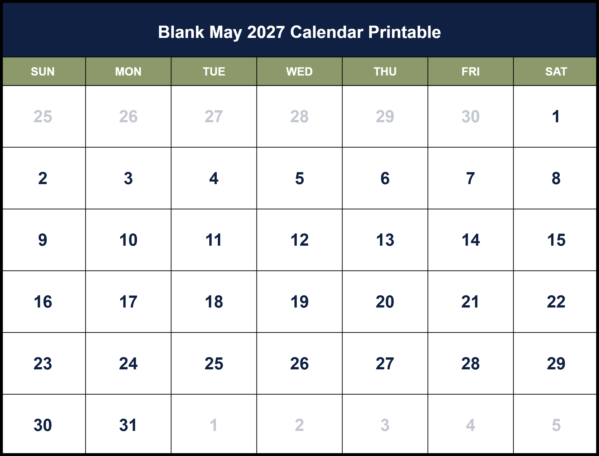 Blank May 2027 Calendar Printable Pdf