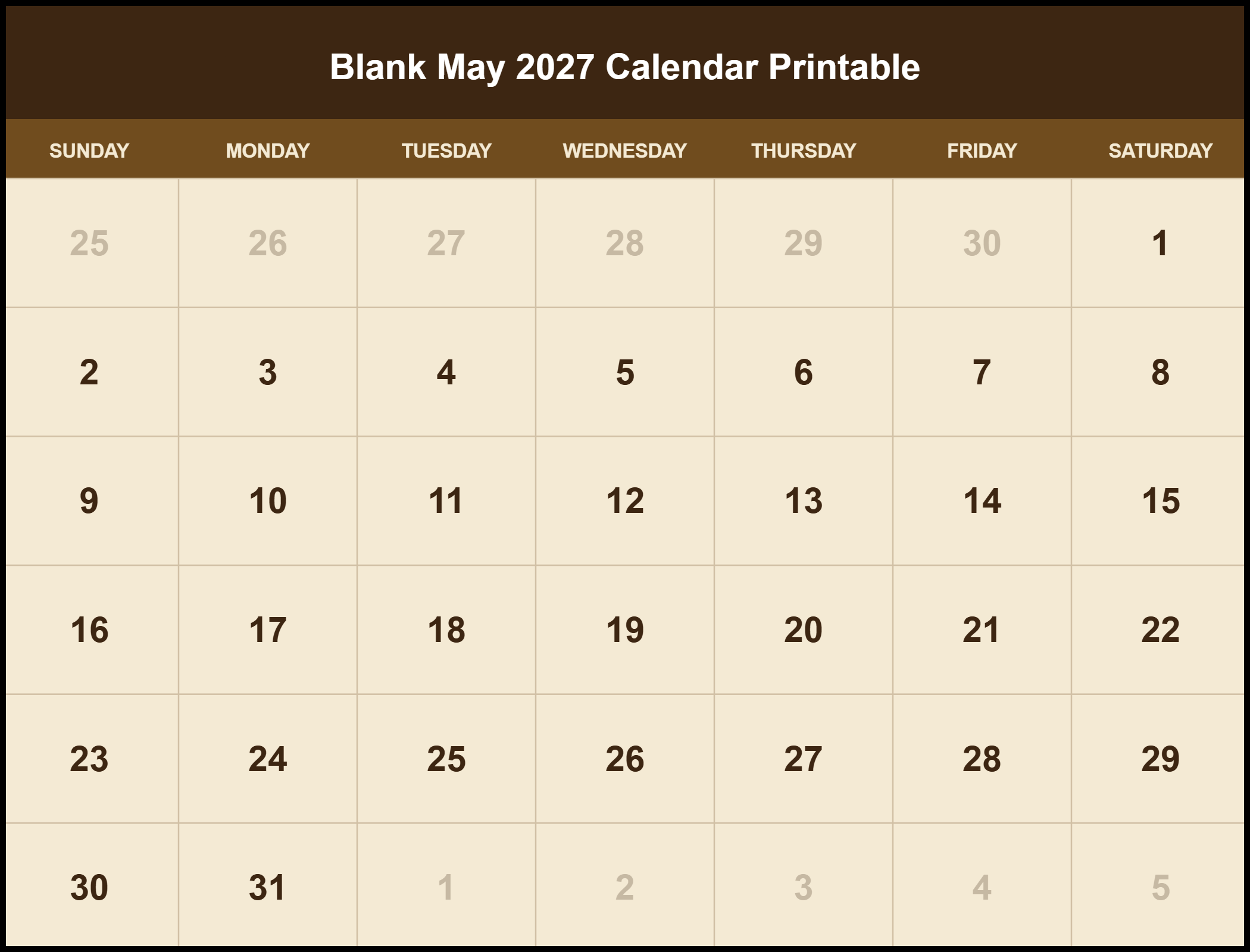 Blank May 2027 Calendar Printable