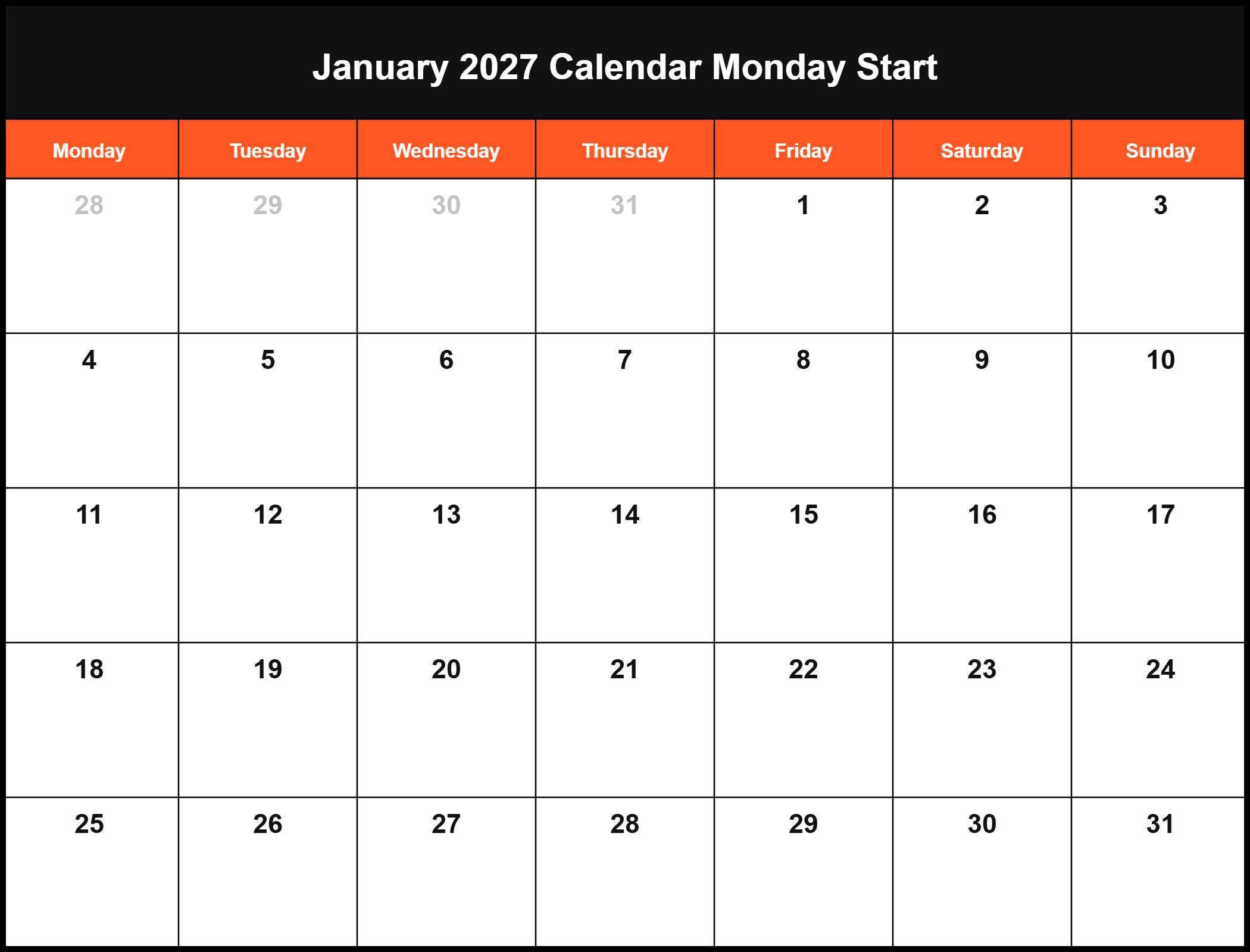 January 2027 Calendar Monday Start