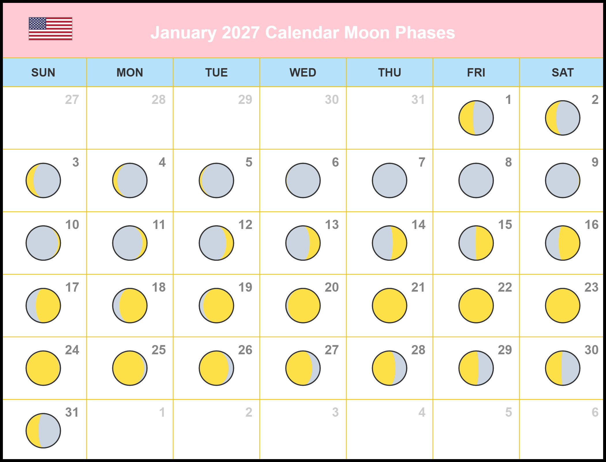 January 2027 Calendar Moon Phases Download