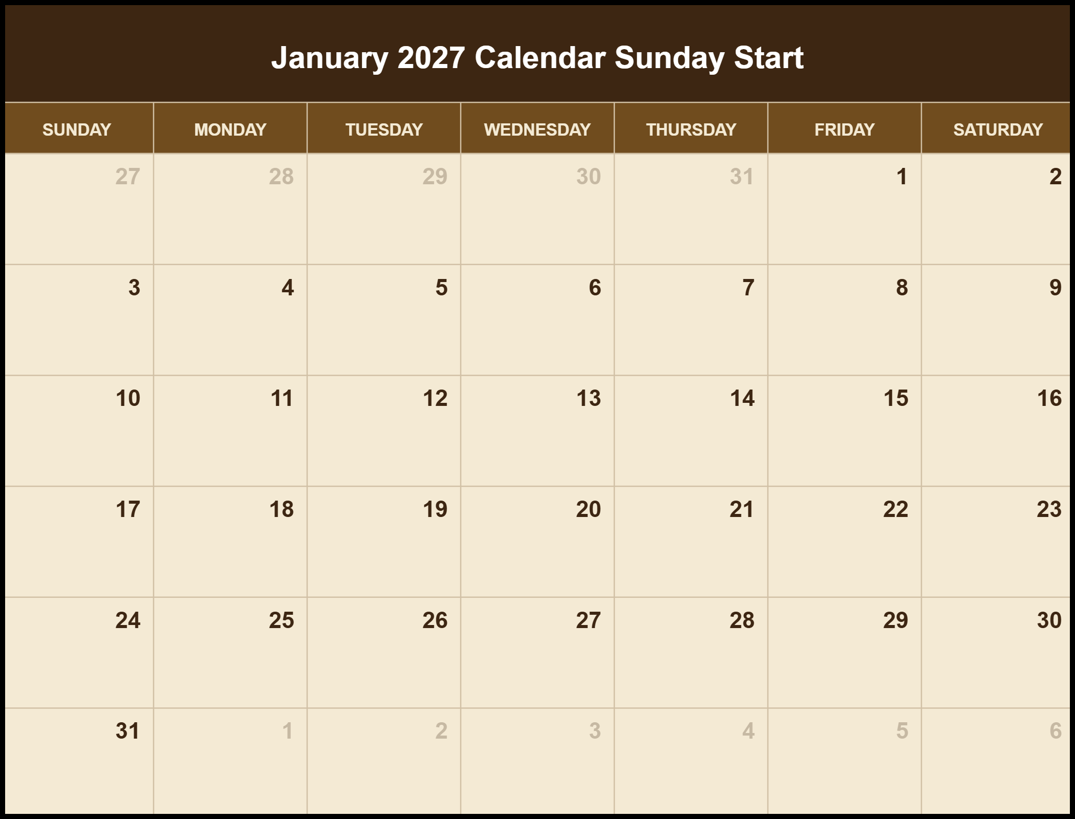 January 2027 Calendar Sunday Start