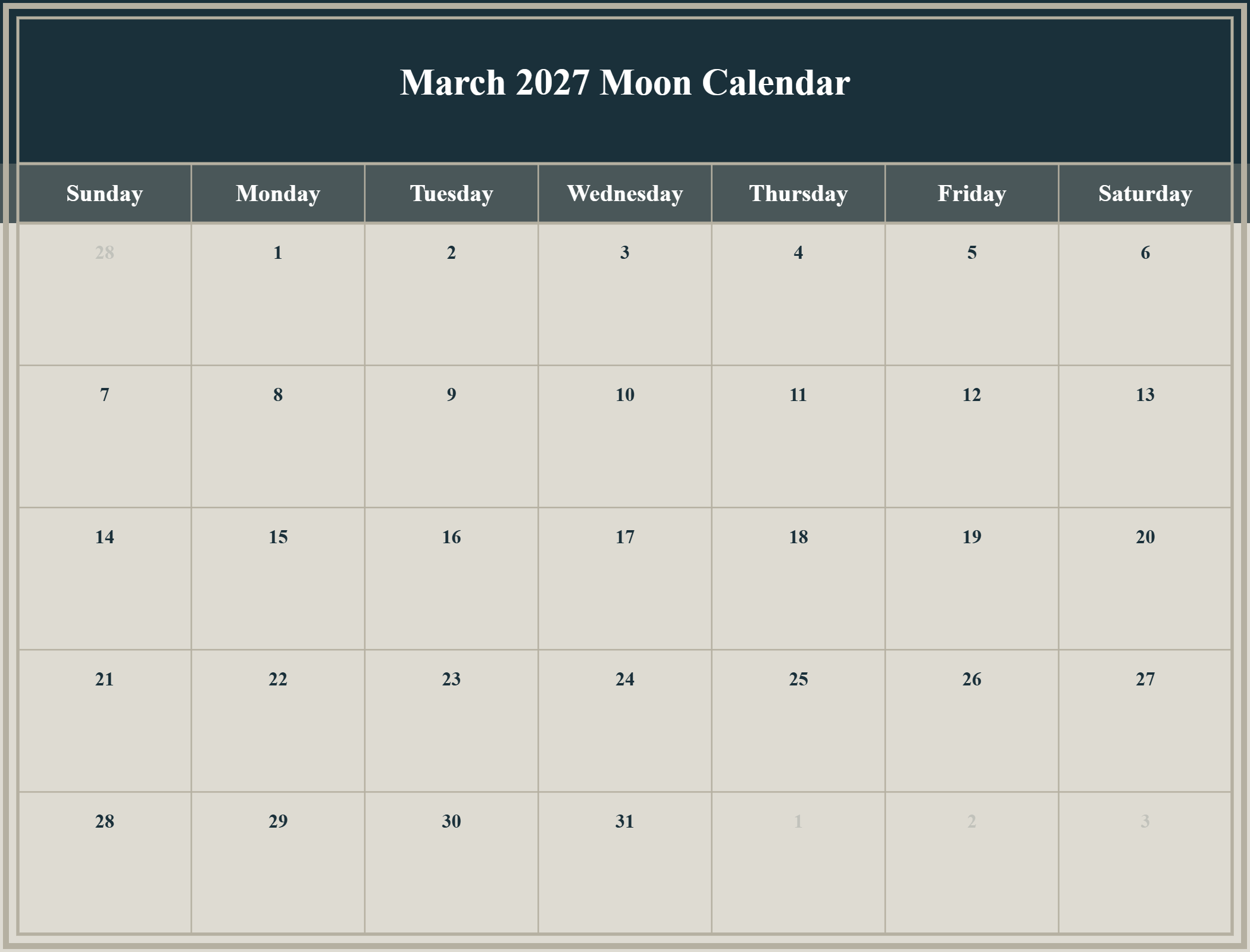 March 2027 Moon Calendar