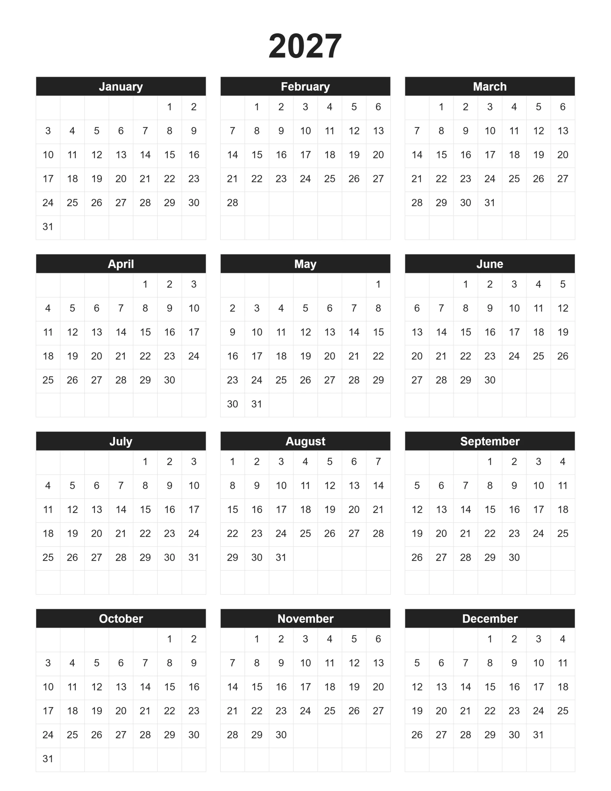 Printable 2027 Calendar Printable 2027 Calendar
