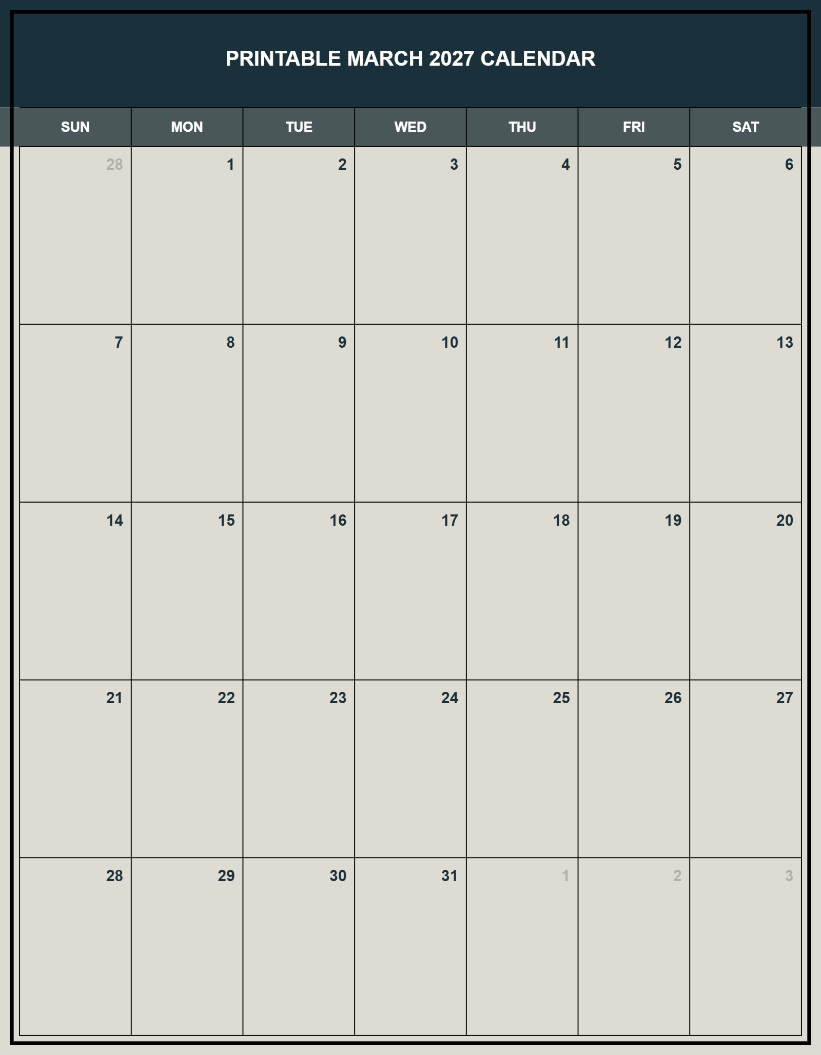 Printable March 2027 Calendar