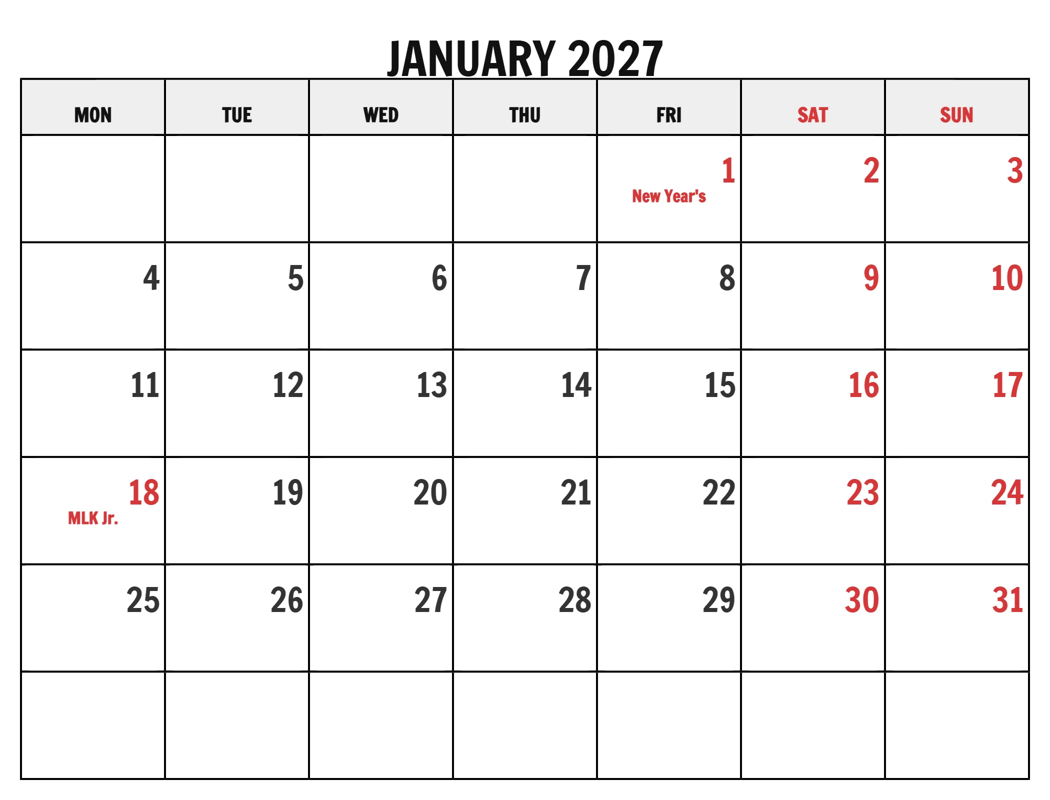 January Calendar Sunday Start PDF